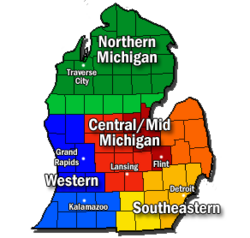 Regions and major cities of the Lower Peninsula