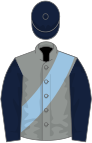 Grey, light blue sash, dark blue sleeves and cap