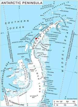 Plasseringa til Velingrad Peninsula på Graham Coast på Den antarktiske halvøya.