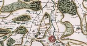 Les Isles (entouré d'un rectangle bleu) sur la carte de Cassini, en rive droite de l'Yonne, entre Auxerre au sud et Monéteau au nord