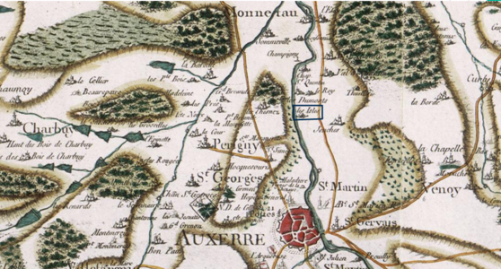La première abbaye, entre les noms « St Georges » et « Auxerre ».Au nord-ouest d'Auxerre, le parc du château de Saint-Georges est délimité par un rectangle incliné N-O/S-E. La seconde abbaye est encadrée en rive droite de l'Yonne au nord d'Auxerre.