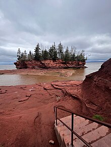 A publicly accessible staircase leads down to the ocean floor at Burntcoat Head Park. You can see red sandstone cliffs and the ocean floor exposed at low tide.