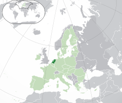 Location o the  European Netherlands  (dark green) – on the European continent  (green & dark grey) – in the European Union  (green)