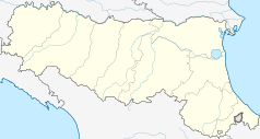 Mapa konturowa Emilii-Romanii, u góry znajduje się punkt z opisem „Crevalcore”