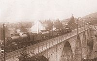 Belastungsprobe des Sitterviadukts der SBB bei St. Gallen mit vier Dampflokomotiven im Jahr 1926