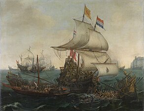 Hendrick Cornelisz Vroom, Navires néerlandais battant les galères espagnoles au large de la côte flamande en octobre 1602 (1617), Rijksmuseum Amsterdam.