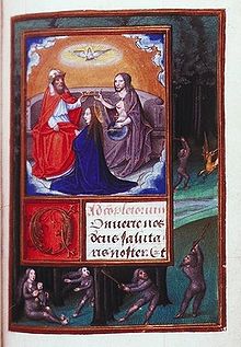 Miniature en couleurs : autour d'une scène de couronnement à la symbolique religieuse, de petits personnages nus et poilus sont représentés en extérieur, dans différentes situations comme la chasse.