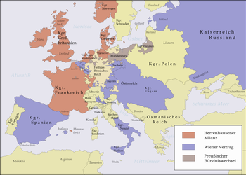 Die Partner des Wiener Vertrages (Blau) und diejenigen der Herrenhausener Allianz (Rot) 1725/30