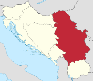 Republica Socialistă Serbia (roșu), în cadrul Republicii Socialiste Federative Iugoslavia