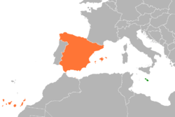 Map indicating locations of Malta and Spain