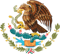 Coat of arms image with large brown bird in center, holding a snake in its beak, and standing on a cactus with leaves and ribbons below