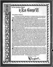 A letter of loyalty to George VI in French, signed by Maurice Duplessis