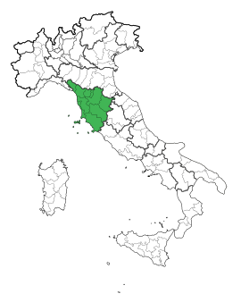 Mapa zvýrazňujúca polohu regiónu Toskánsko v Taliansku