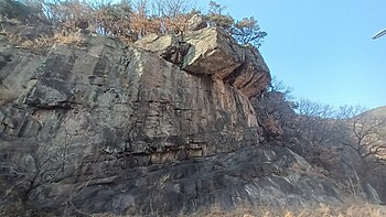 대구팔공초등학교 서쪽 도로변에 대규모로 드러난 학봉 분암층 노두 대구광역시 동구 지묘동 1345