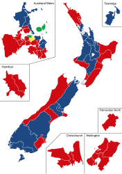 Map of New Zealand with divisions for the general electorates, displayed in different colours for political parties.