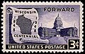 Image 15On May 29, 1948, the U.S. Post Office issued a commemorative stamp celebrating the 100th anniversary of Wisconsin statehood, featuring the state capitol building and map of Wisconsin. (from Wisconsin)