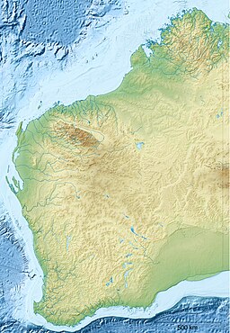 A map of Western Australia with a mark indicating the location of Pink Lake