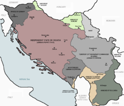 Occupation and partition of Yugoslavia after the Italian surrender in September 1943. The German occupation of the former Italian governorate of Montenegro is shown in grey in the southern coastal region.