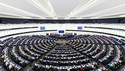 Vergadersaal van die Europese Parlement in Straatsburg, Frankryk, 2014.