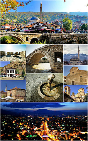 From top (left to right): Prizren old town, the fortress, پریزرین, Sinan Pasha Mosque, Prizren League Building, شادروان Square, Cathedral of Our Lady of Perpetual Succour, Gazi Mehmet Pasha Hammam , Our Lady of Ljeviš and a panoramic view of the city seen from the fortress during the evening.