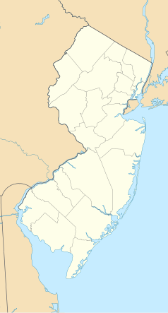 Mapa konturowa New Jersey, u góry po prawej znajduje się punkt z opisem „Secaucus”