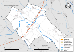 Carte en couleur présentant le réseau hydrographique de la commune