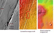 Graben near Alba Patera. Graben and catenae, collapse features, both caused by faults. When the crust is stretched, faults form and material falls into voids created by the stretching. Uranius Tholus (upper) and Ceraunius Tholus (largest) volcanoes are visible in wide context view, below and to the right of Alba Patera. Image is located in Arcadia quadrangle. Image taken with THEMIS