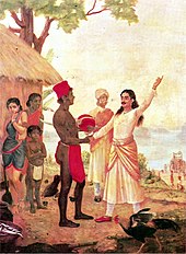 Painting of dark-skinned prince taking Satyavati's hand