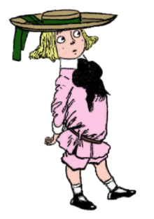 Drawing of a young blond boy wearing pink clothes and a wide-brimmed hat.