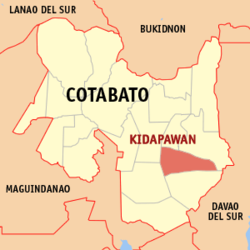 Mapa ng Cotabato na nagpapakita sa lokasyon ng Kidapawan.