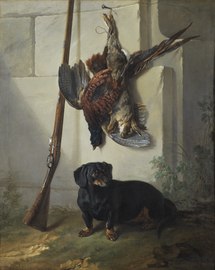 Dachshound Pehr with Game and Rifle (1740), 135 x 109 cm., Nationalmuseum