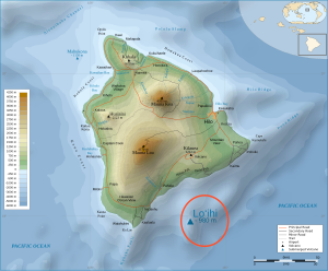 ハワイ島、主要な陸地の南東にあるロイヒの位置を示す。