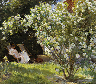 Marie Krøyer seated in the deckchair in the garden by Mrs Bendsen's house. Painting by P. S. Krøyer, 1893.