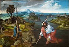 Landscape with Saint Christopher, c. 1520, oil on panel, 125 cm × 170 cm (49.2 × 66.9 in), El Escorial, Monasterio de San Lorenzo, Spain