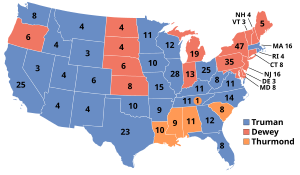 Kort over, hvem, der har vundet hvilke stater (blå=Truman, rød=Dewey, orange=Thurmond)