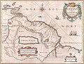 Image 7A map created circa 1649 depicting the Guiana region. Territory claimed by Spain in red to the west, Dutch Guiana highlighted in yellow and Portuguese territory in red to the southeast. The mythical Lake Parime is also visible. (from History of Guyana)