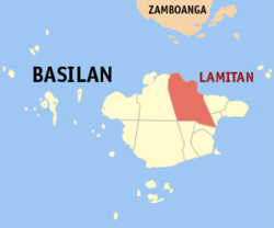Mapa ng Basilan na nagpapakita ng lokasyon ng Lungsod ng Lamitan.