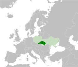 Galicia (dark green) juxtaposed with modern-day Poland and Ukraine (light green)