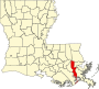 Harta statului Louisiana indicând parohia Jefferson