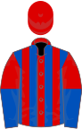 Red and royal blue stripes, halved sleeves, red cap