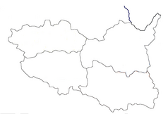 Mapa konturowa kraju pardubickiego, na dole po prawej znajduje się punkt z opisem „Březina”