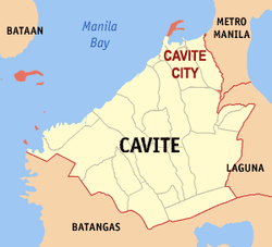 Mapa han Cavite nga nagpapakita kon hain nahimutang an Syudad han Cavite.