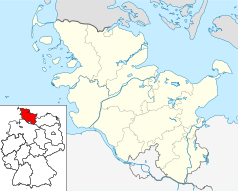 Mapa konturowa Szlezwika-Holsztynu, na dole nieco na prawo znajduje się punkt z opisem „Bargteheide”