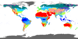 Map of world dividing climate zones, largely influenced by latitude. The zones, going from the equator upward (and downward) are Tropical, Dry, Moderate, Continental and Polar. There are subzones within these zones.