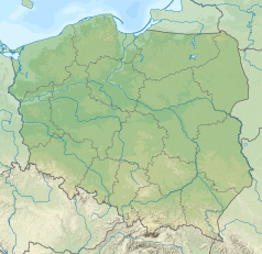 Mapa konturowa Polski, blisko lewej krawiędzi nieco u góry znajduje się punkt z opisem „źródło”, natomiast blisko lewej krawiędzi u góry znajduje się punkt z opisem „ujście”