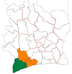 Location of San-Pédro Region (green) in Ivory Coast and in Bas-Sassandra District