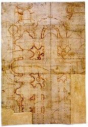 Dessin du plan pour saint-Pierre de Rome de Bramante.