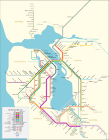 A transit map with lines depicting routes operated by various public rail agencies in the Bay Area.