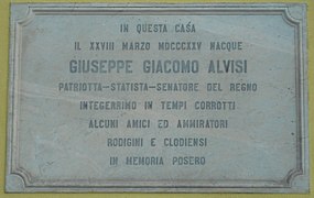 targa sulla casa natale di Giuseppe Giacomo Alvisi a Rovigo