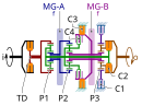 Clutches C2 and C3 are engaged during Mode 2, Gear 4 operation in this schematic of a dual-mode transmission